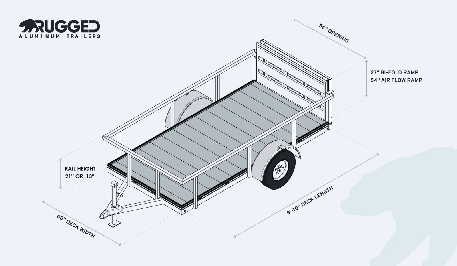 Factory dimension drawing for the 5 x 10 Open Utility Trailer
