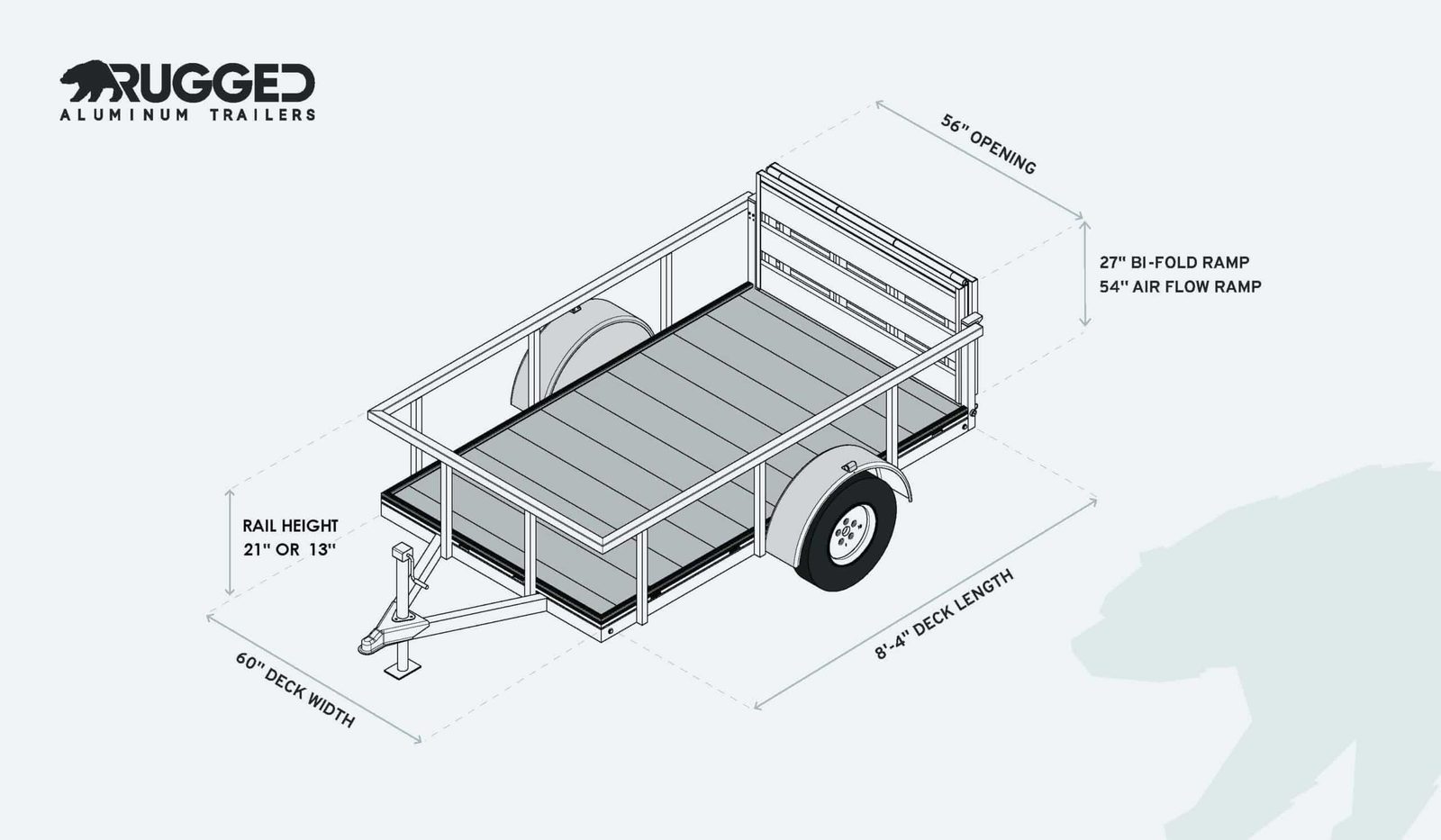 Factory dimension drawing for the 5 x 8 Open Utility Trailer