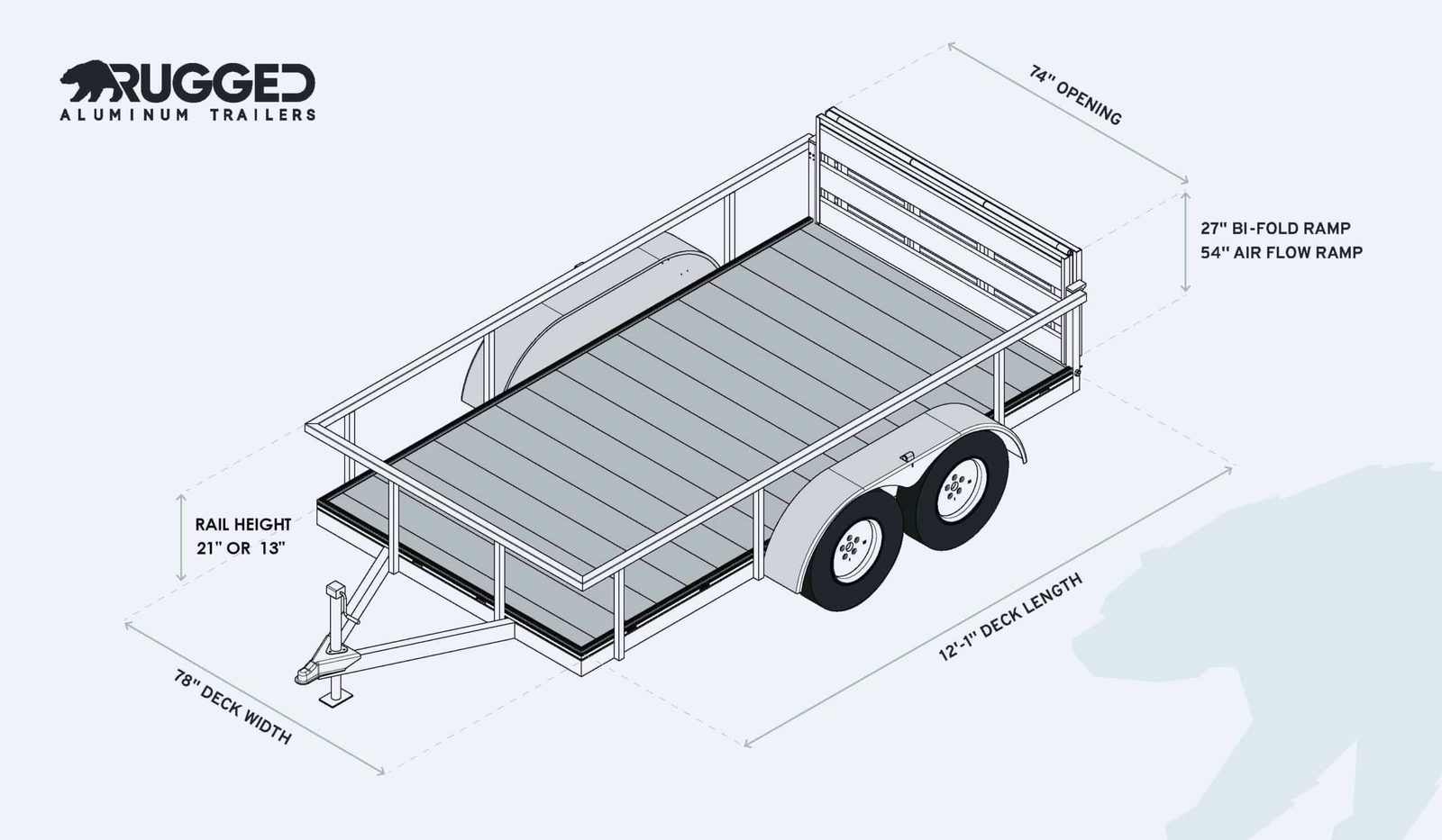 Factory dimension drawing for the 6.5 x 12 Tandem Axle Trailer