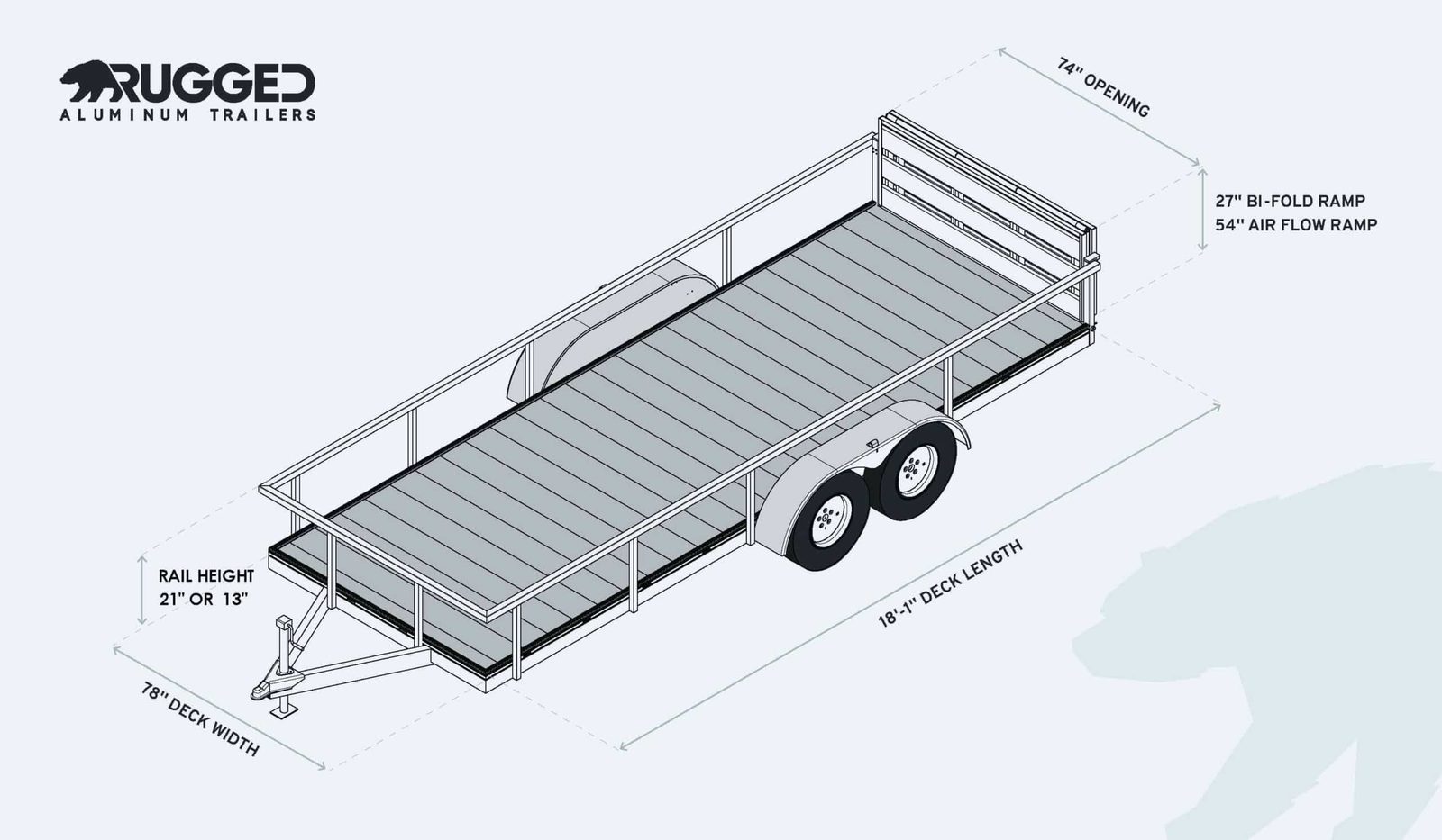 Factory dimension drawing for the 6.5 x 18 Tandem Axle Trailer